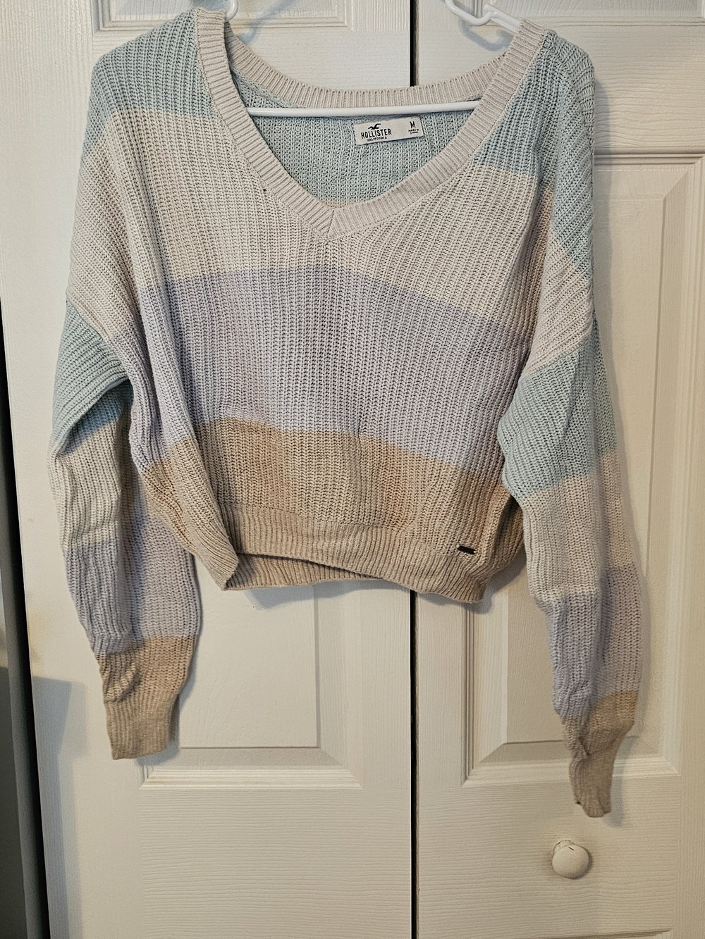 Hollister Pastel Striped V-Neck Sweater - Light Blue, Cream, Tan
